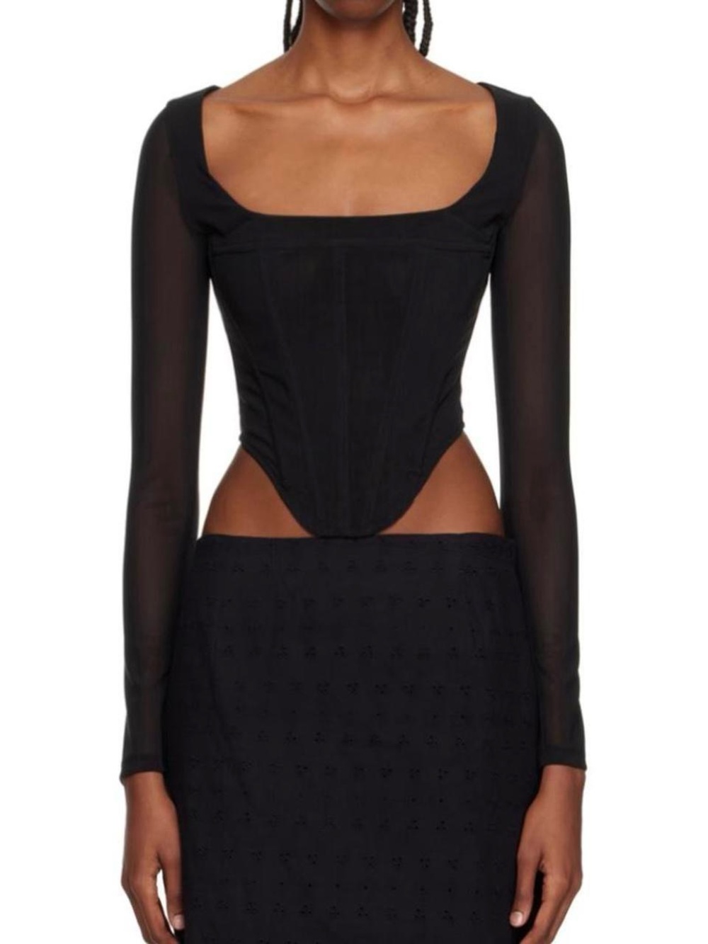 Miaou Black Long-Sleeve Mesh Corset Blouse with Zipper back